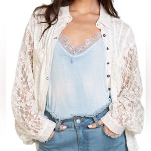 Lace Sleeve Button-Up Top - Cream preloved